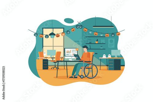 Disabled man in wheelchair working on a tablet in a Halloweendecorated office