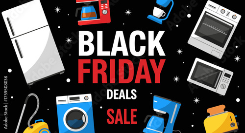 Black Friday deals sale banner with major home and kitchen appliances on a black background