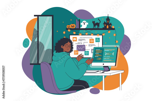 Creative coder working in a festive Halloweenthemed home office Technology remote work lifestyle