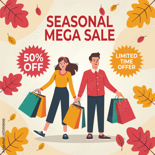 Couple with shopping bags announces seasonal mega sale