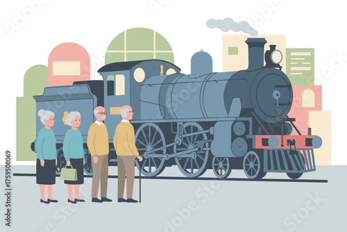 Seniors ready for a journey on a vintage steam train Retirement travel leisure and adventure