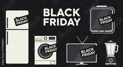 Black Friday sale banner with home appliances illustration and big savings concepts