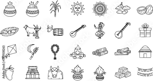Indian Harvest Festival Line Art Icons Set. Traditional Symbols of Pongal, Sankranti, Lohri: Sun, Cow, Sugarcane, Pot, Bonfire, Dancer, Temple, Kite, Food  Rituals.