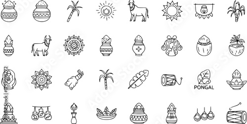 Pongal Festival Line Icons Set: Traditional Symbols of South Indian Harvest Celebration, featuring pots, cattle, sun, sugarcane, drums, and kalash.