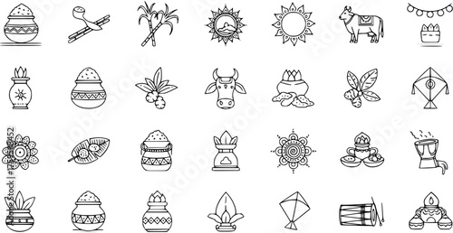 Pongal, Makar Sankranti,  Harvest Festival Line Icons Set. Traditional Indian celebration symbols: sun, cow, sugarcane, pots, kites, drums, leaves, flowers, kalash, cultural elements.