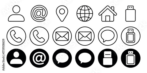 Collection of outline and filled icons for communication and contact information