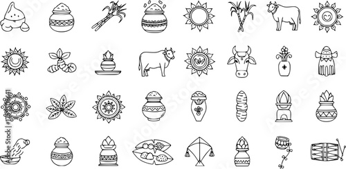 Indian Harvest Festival Line Art Icons Set. Traditional Symbols of Pongal, Makar Sankranti, and Ugadi. Includes Sugarcane, Sun, Cow, Pots, Kites, Turmeric, Kalash Elements.