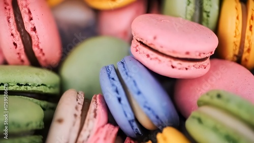 Close-up of a pile of vibrant pastel colored macarons, soft light and blurred background