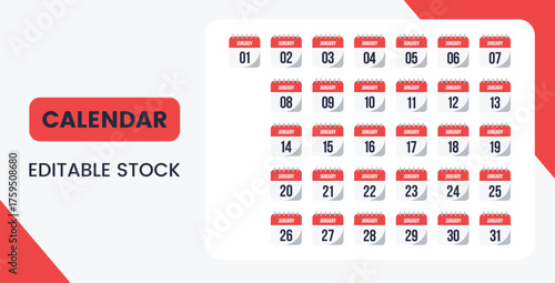 Vector illustration of editable calendar page with numbers 1 to 31