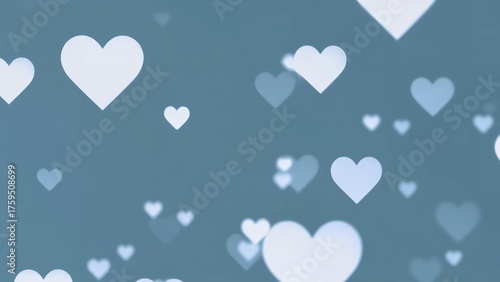 Abstract bokeh of sparkling white hearts dancing on a bluish-grey background