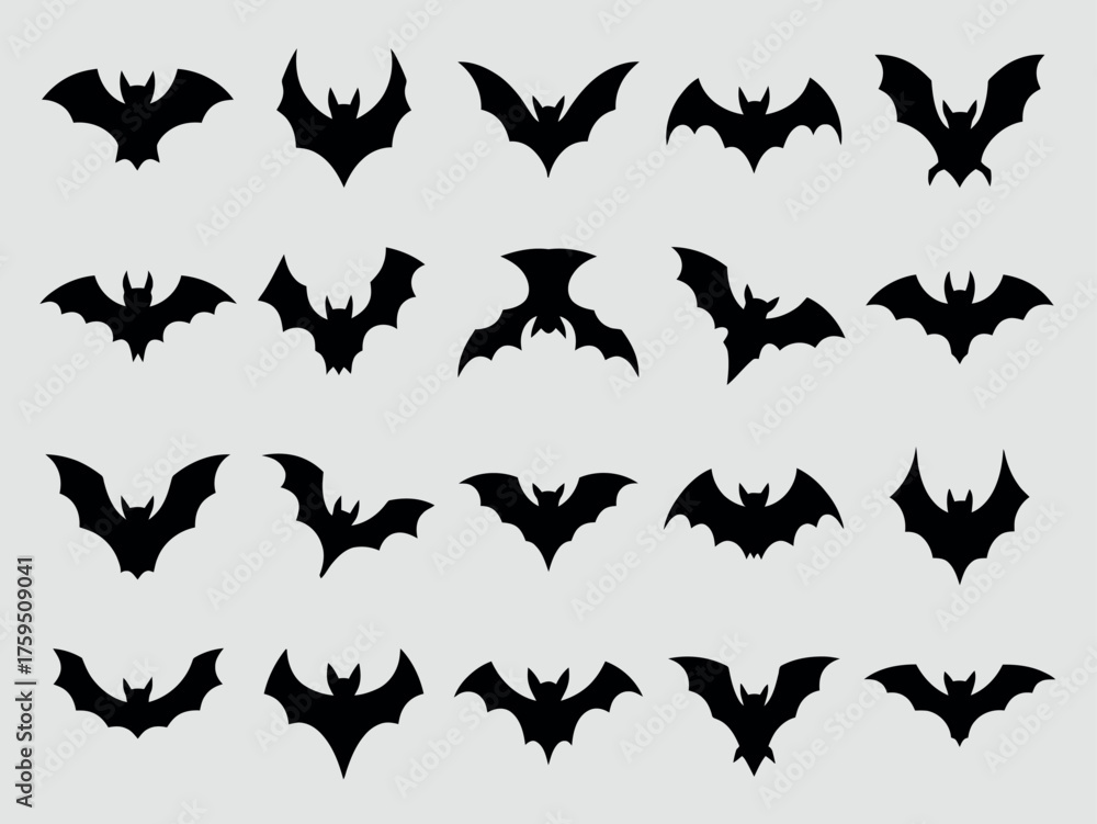 Naklejka premium Collection of silhouetted bats in various flying poses