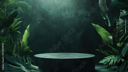 Tropical leaves surround dark stone pedestal; product display; moody green background; jungle setting