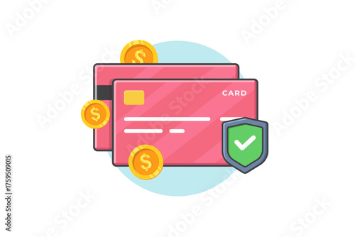 vector illustration of a credit card, gold coins and a security shield, representing secure payments, finance and digital transactions in the modern financial context.
