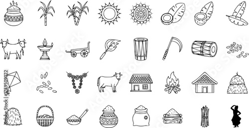 Indian Harvest Festival Celebration Line Art Icons Collection: Pongal, Makar Sankranti Elements, Traditional Symbols, and Cultural Objects