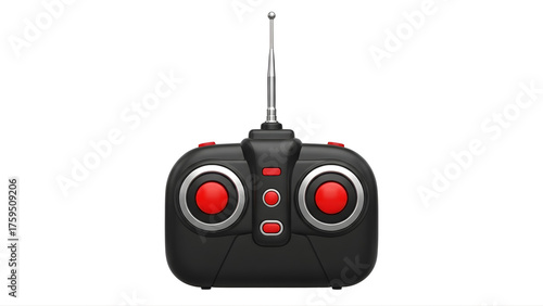 Remote control for drone or toy car with antenna and joystick for direction and speed adjustment device on transparent background