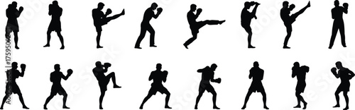 Silhouette men practicing boxing and kickboxing poses, martial arts training action vector illustration showing strength, power, sport, and fitness concept