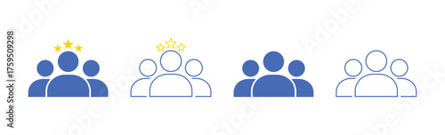 Group of People Icon Set with Solid and Outline Styles, Featuring Team Leader, Winner, and User Community Symbols
