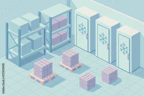 Storage isometric stylized cold illustration simplified pastel geometric vector pallets freezers