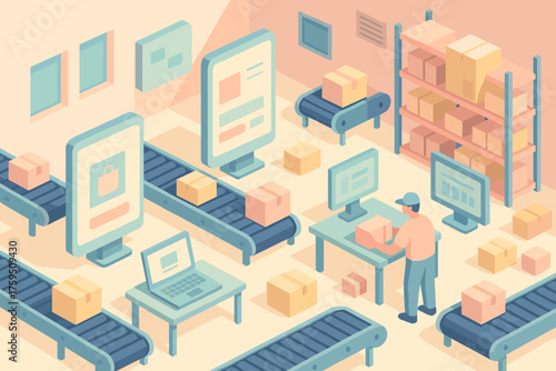 Geometric stylized center conveyor belts packages screens pastel vector illustration fulfillment