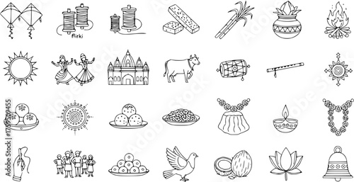 Hand Drawn Indian Festival Elements Line Art Icons Set - Cultural Symbols for Makar Sankranti, Pongal, Lohri, and Traditional Celebrations