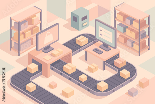 Pastel conveyor screens stylized belts center fulfillment geometric illustration vector