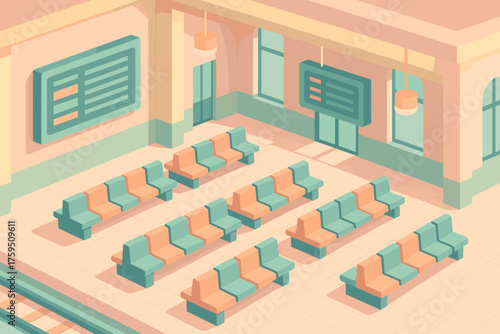 Simplified rows station pastel hall waiting digital interior seating vector illustration train