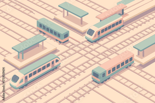 Geometric train illustration pulling stylized into tracks pastel overview platforms railway station