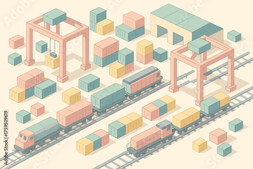 Cargo geometric freight stylized vector pastel simplified illustration industrial station containers trains