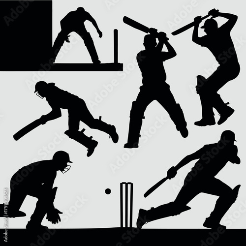 Silhouette collection of cricket players in action during a match