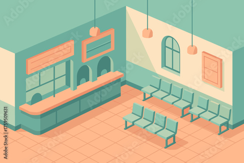 Vector train pastel ticket office light counters stylized station geometric illustration area