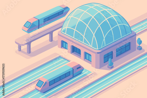 Train stylized simplified futuristic rails transport glowing station illustration hovering roof vector