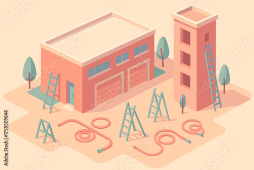 Illustration drill hoses vector geometric beside training pastel station fire simplified ladders