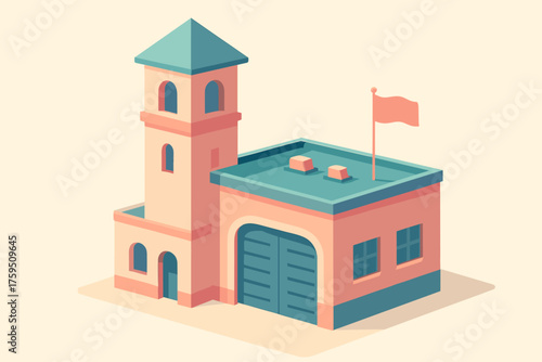 Rooftop isometric vector illustration watchtower building fire station attached stylized to simplified