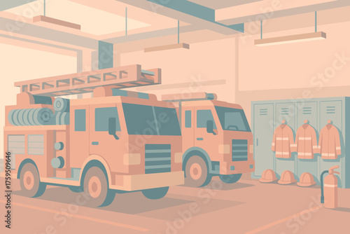 Illustration parked station stylized geometric lockers fire simplified garage vector safety pastel