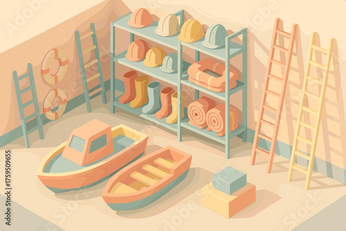 Geometric rescue station vector equipment fire stylized illustration area simplified pastel boats