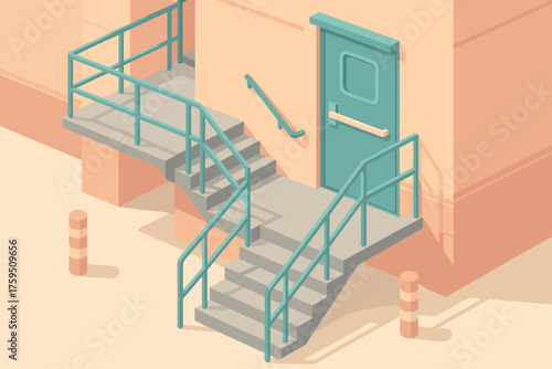 Vector safety emergency illustration stylized stairs pastel station fire simplified barriers geometric