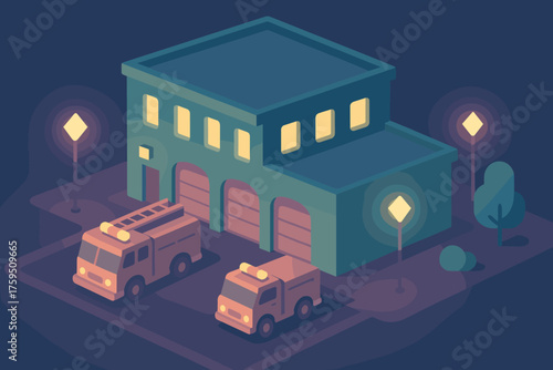 Geometric isometric scene lamps glowing vector shadows exterior station trucks fire illustration