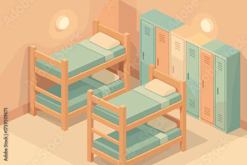Pastel station lockers geometric lighting soft stylized vector dormitory beds fire illustration