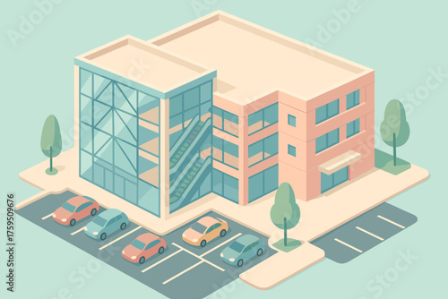 Outside simplified stylized illustration isometric vector geometric lot visible mall glass escalators