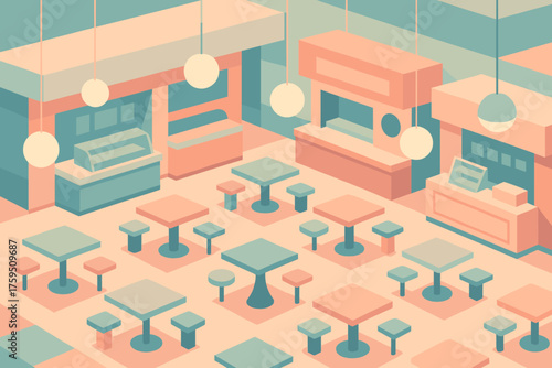 Vector food geometric court simplified glowing illustration ceiling pastel stylized lamps