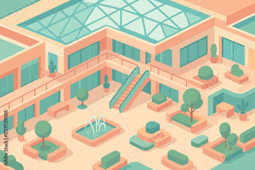 Fountains roof atrium pastel decorative stylized vector simplified mall areas illustration geometric