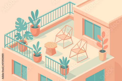 Plants railing pastel stylized geometric vector terrace chairs illustration rooftop design
