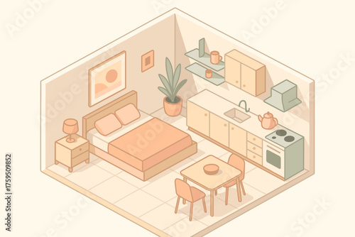 Illustration dining space vector apartment geometric studio pastel kitchenette stylized