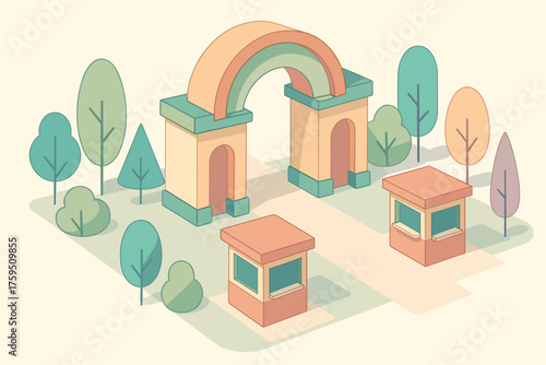 Geometric booths gate pastel zoo vector simplified stylized illustration entrance trees