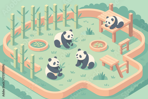 Habitat illustration zones platforms vector feeding resting geometric panda stylized pastel