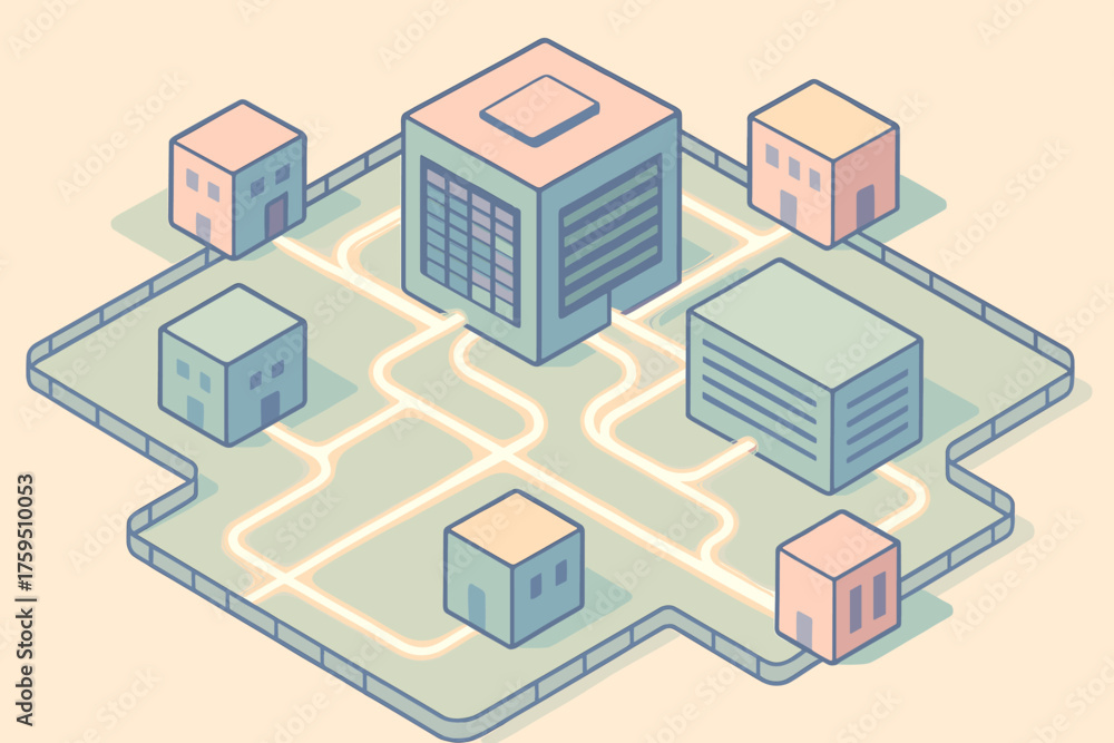 Fototapeta premium Data hub geometric glowing illustration stylized buildings overall simplified vector fences