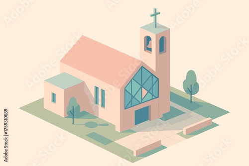 Minimal church façade stylized illustration glass structure geometric isometric vector courtyard modern
