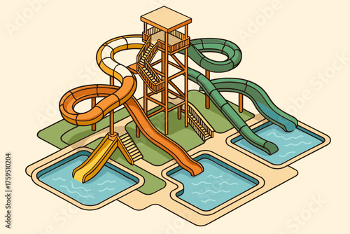 Platforms adventure vector tall stairs aquapark slides isometric out structure branching illustration