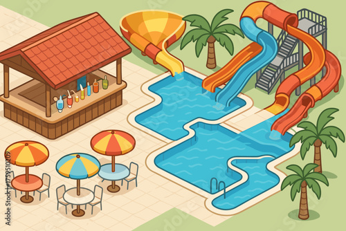 Attractions oasis aquapark shaded scene to umbrellas colorful vector illustration pool bar