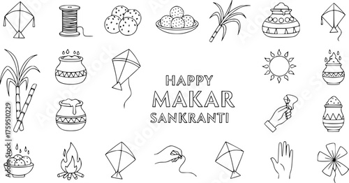 Makar Sankranti Festival Icons Set - Kites, Sweets, Sugarcane, Sun, Bonfire - Outline Illustrations